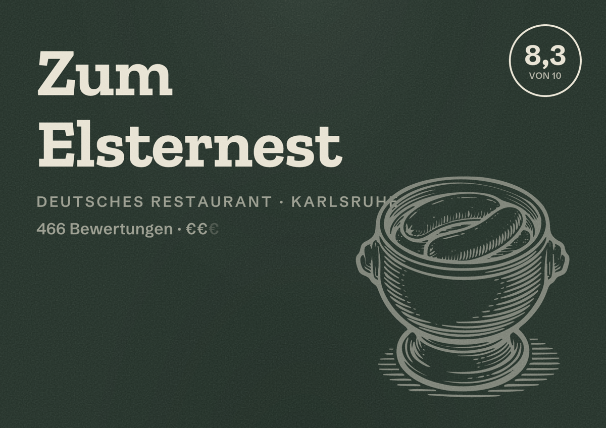 Illustriertes Poster von Zum Elsternest, Deutsches Restaurant in Karlsruhe: Bewertung 8,3 von 10 aus 466 Bewertungen, Preisniveau €€