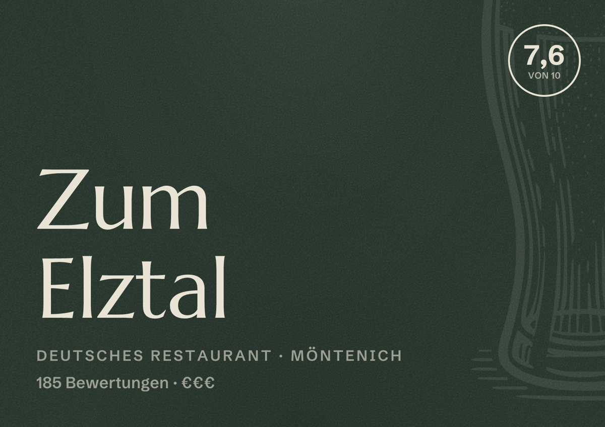 Illustriertes Poster von Zum Elztal, Deutsches Restaurant in Möntenich: Bewertung 7,6 von 10 aus 185 Bewertungen, Preisniveau €€€