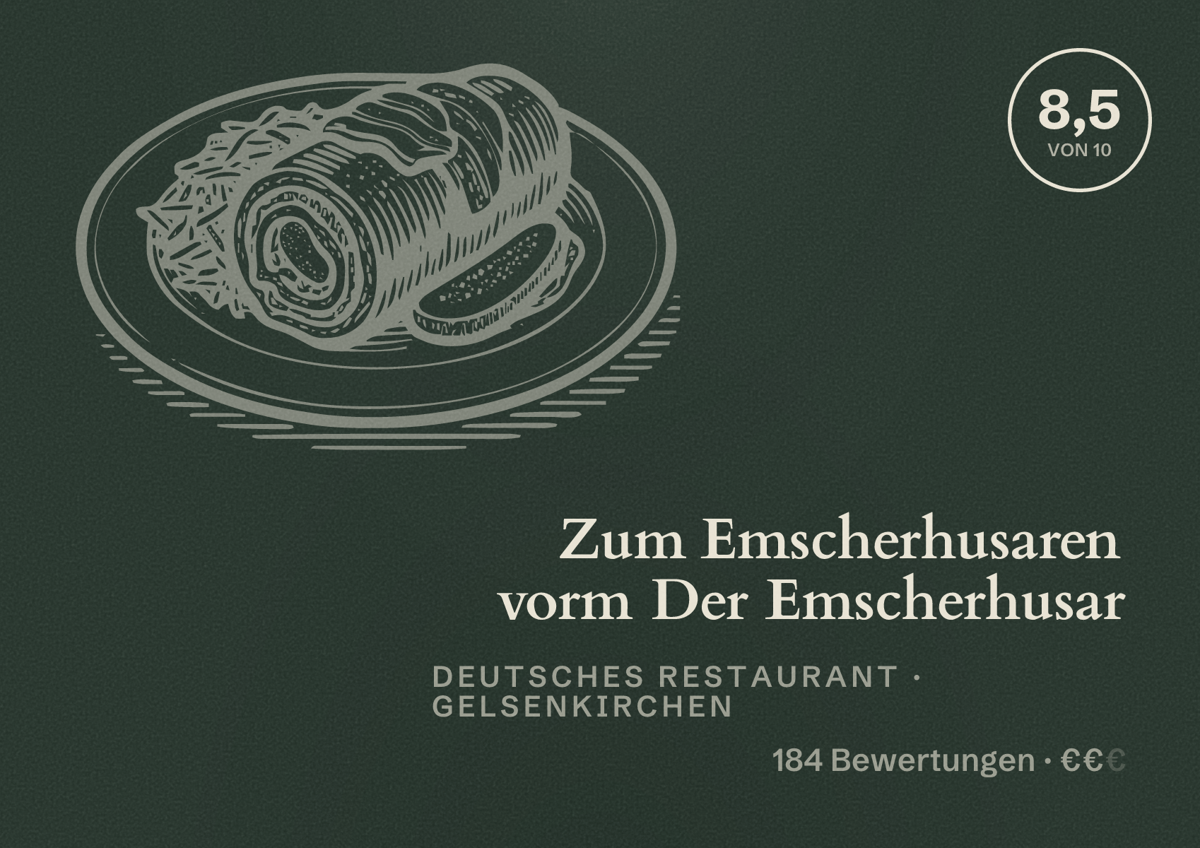 Illustriertes Poster von Zum Emscherhusaren vorm Der Emscherhusar, Deutsches Restaurant in Gelsenkirchen: Bewertung 8,5 von 10 aus 184 Bewertungen, Preisniveau €€