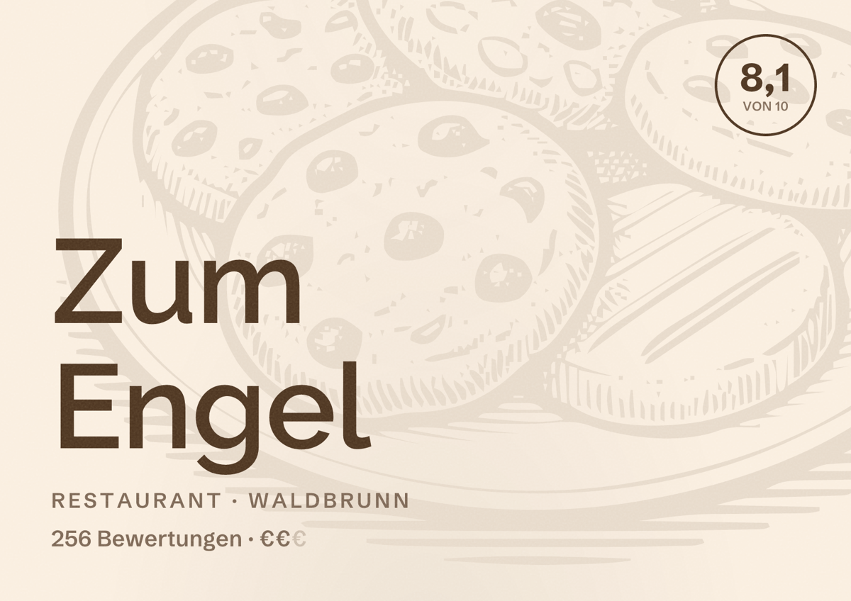 Illustriertes Poster von Zum Engel, Restaurant in Waldbrunn: Bewertung 8,1 von 10 aus 256 Bewertungen, Preisniveau €€