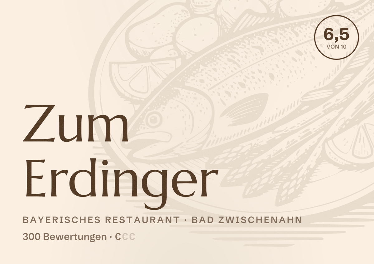 Illustriertes Poster von Zum Erdinger, Bayerisches Restaurant in Bad Zwischenahn: Bewertung 6,5 von 10 aus 300 Bewertungen, Preisniveau €
