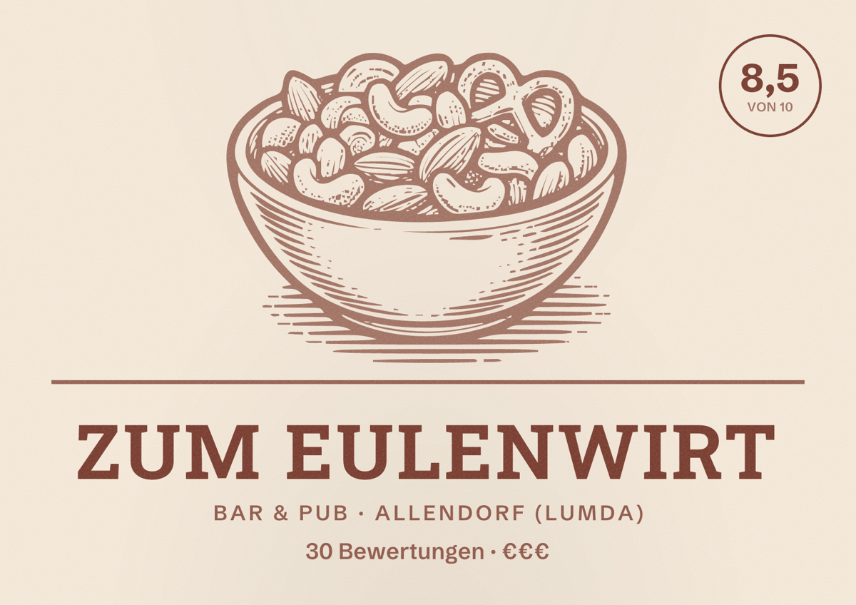 Illustriertes Poster von Zum Eulenwirt, Bar & Pub in Allendorf (Lumda): Bewertung 8,5 von 10 aus 30 Bewertungen, Preisniveau €€€