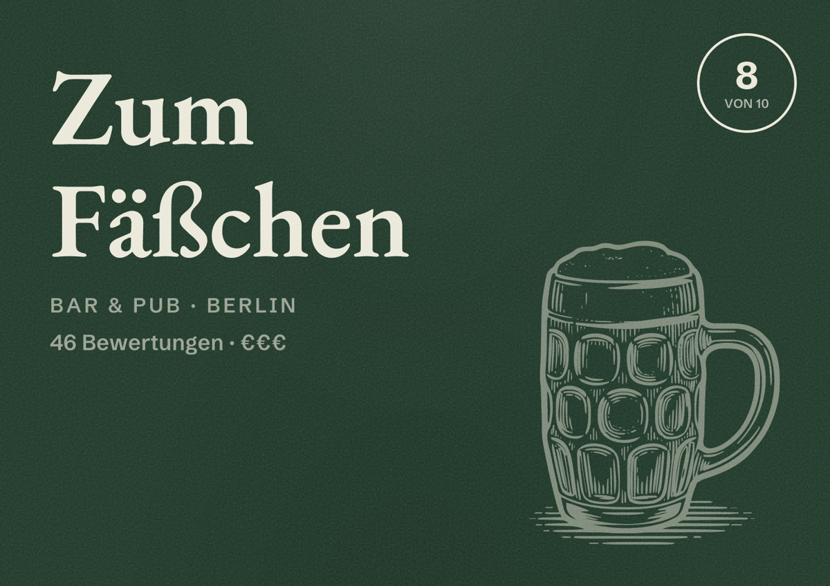 Illustriertes Poster von Zum Fäßchen, Bar & Pub in Berlin: Bewertung 8 von 10 aus 46 Bewertungen, Preisniveau €€€