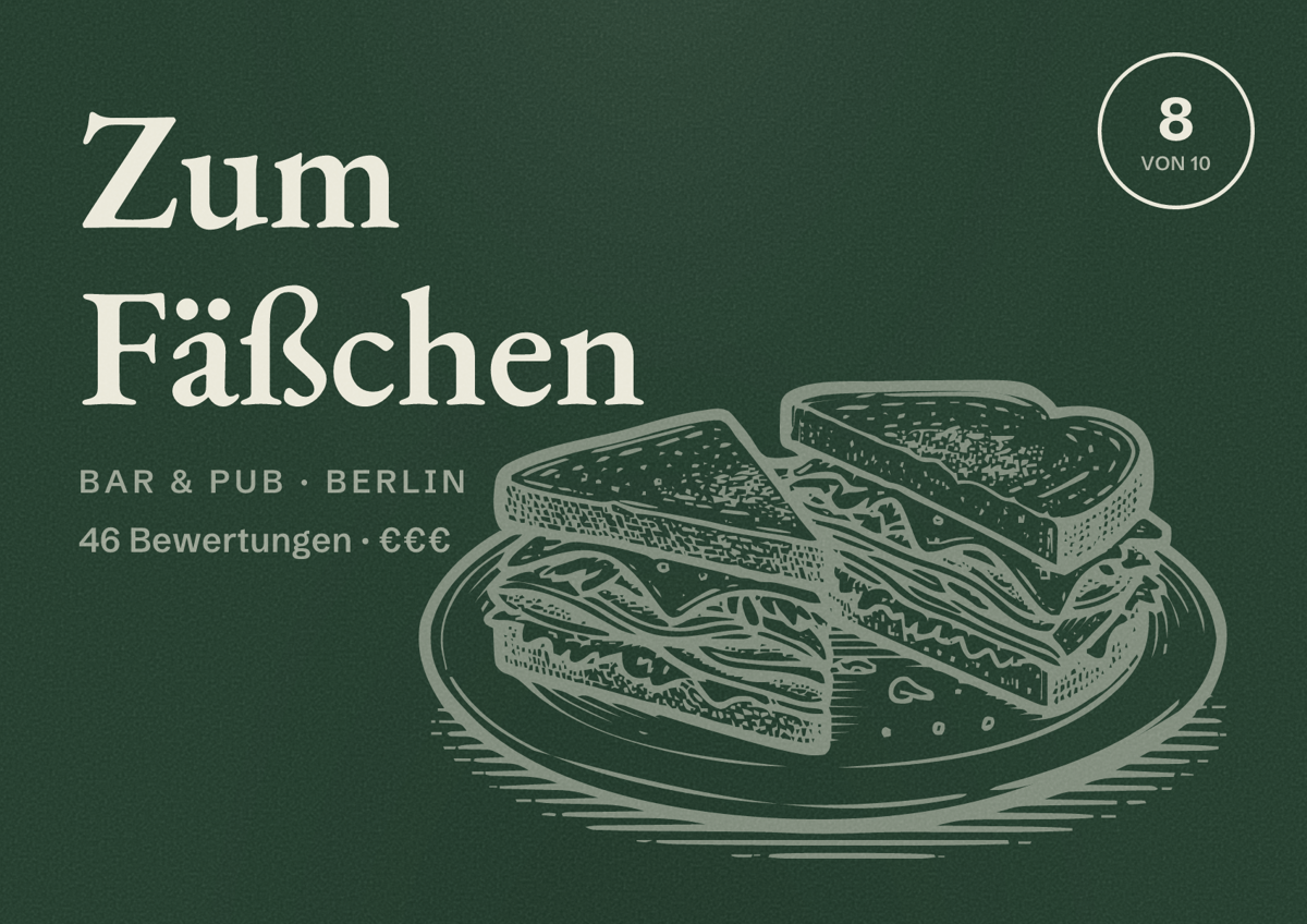 Illustriertes Poster von Zum Fäßchen, Bar & Pub in Berlin: Bewertung 8,0 von 10 aus 46 Bewertungen, Preisniveau €€€