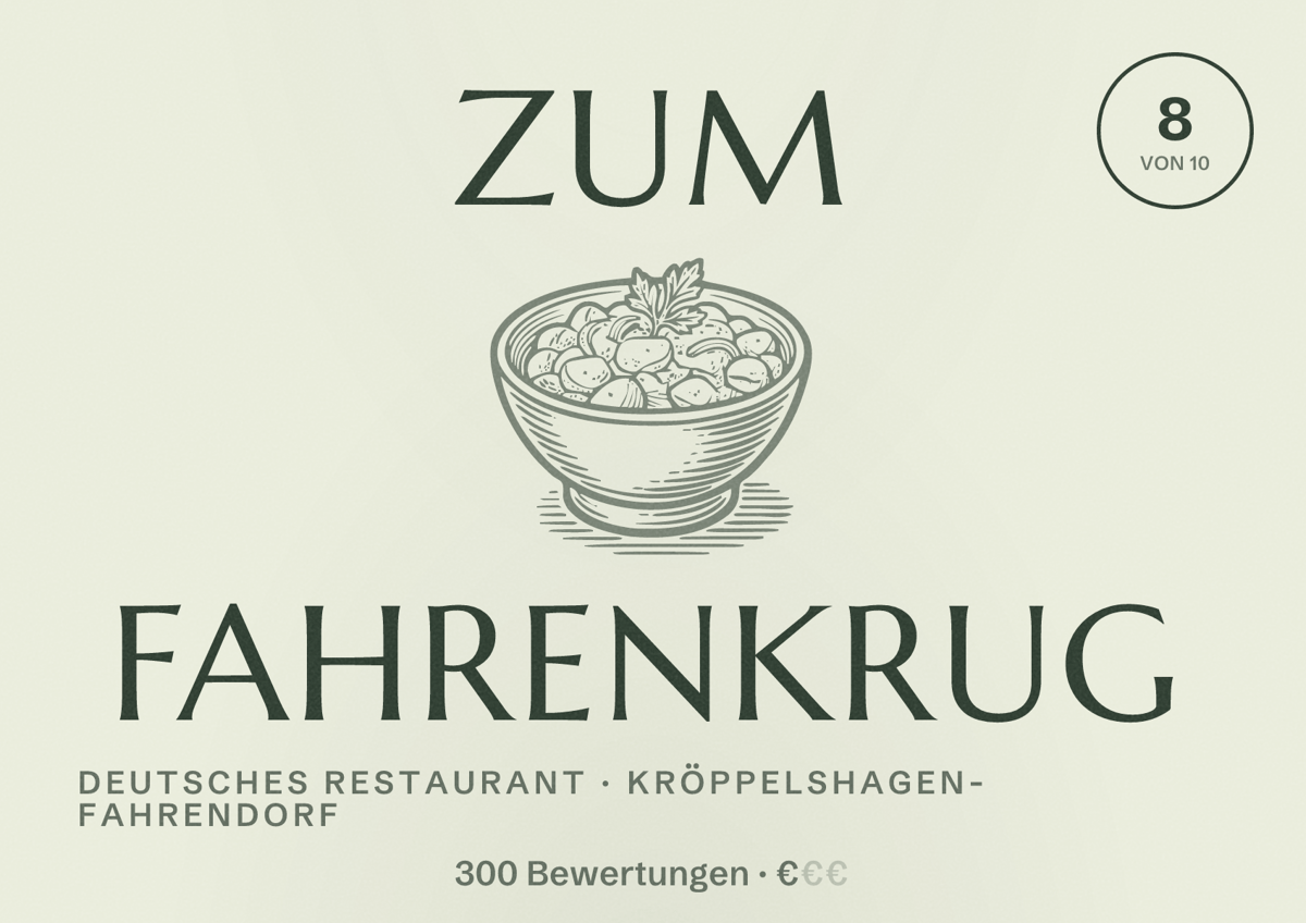 Illustriertes Poster von Zum Fahrenkrug, Deutsches Restaurant in Kröppelshagen-Fahrendorf: Bewertung 8 von 10 aus 300 Bewertungen, Preisniveau €