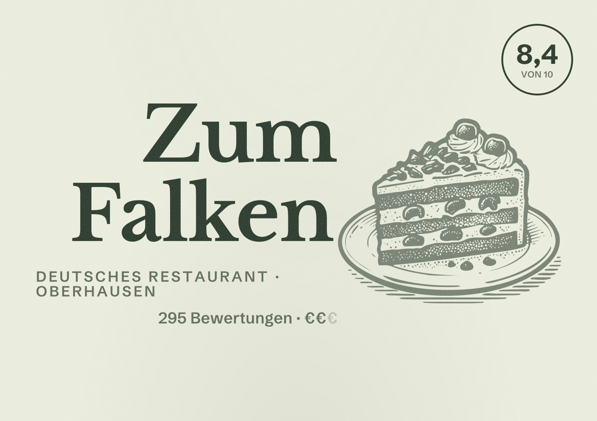 Illustriertes Poster von Zum Falken, Deutsches Restaurant in Oberhausen: Bewertung 8,4 von 10 aus 295 Bewertungen, Preisniveau €€
