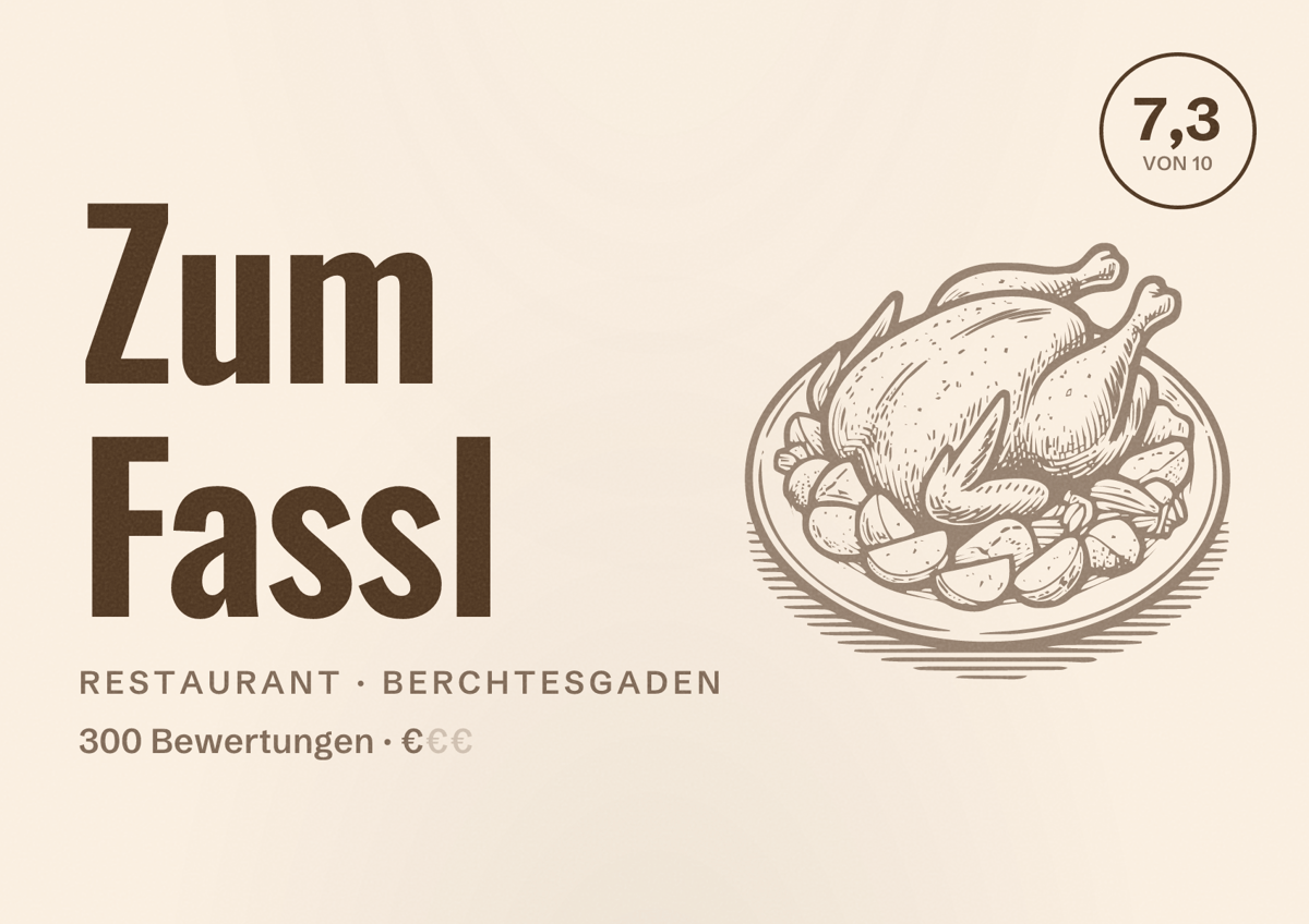 Illustriertes Poster von Zum Fassl, Restaurant in Berchtesgaden: Bewertung 7,3 von 10 aus 300 Bewertungen, Preisniveau €