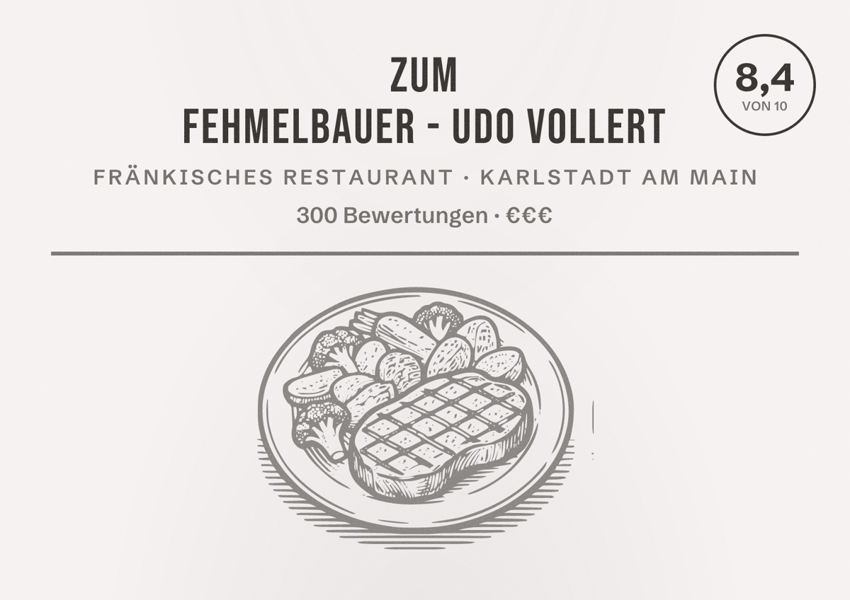 Illustriertes Poster von Zum Fehmelbauer - Udo Vollert, Fränkisches Restaurant in Karlstadt am Main: Bewertung 8,4 von 10 aus 300 Bewertungen, Preisniveau €€€