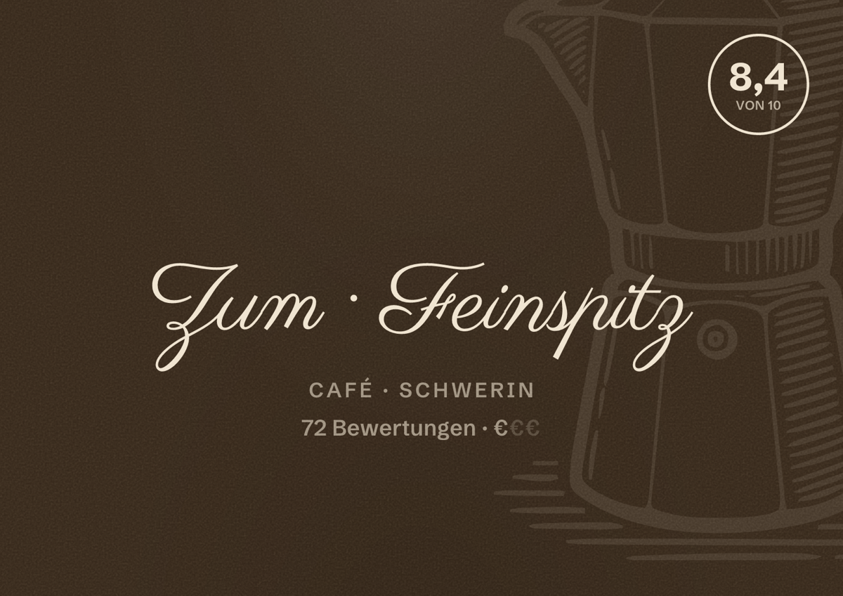Illustriertes Poster von Zum Feinspitz, Café in Schwerin: Bewertung 8,4 von 10 aus 72 Bewertungen, Preisniveau €