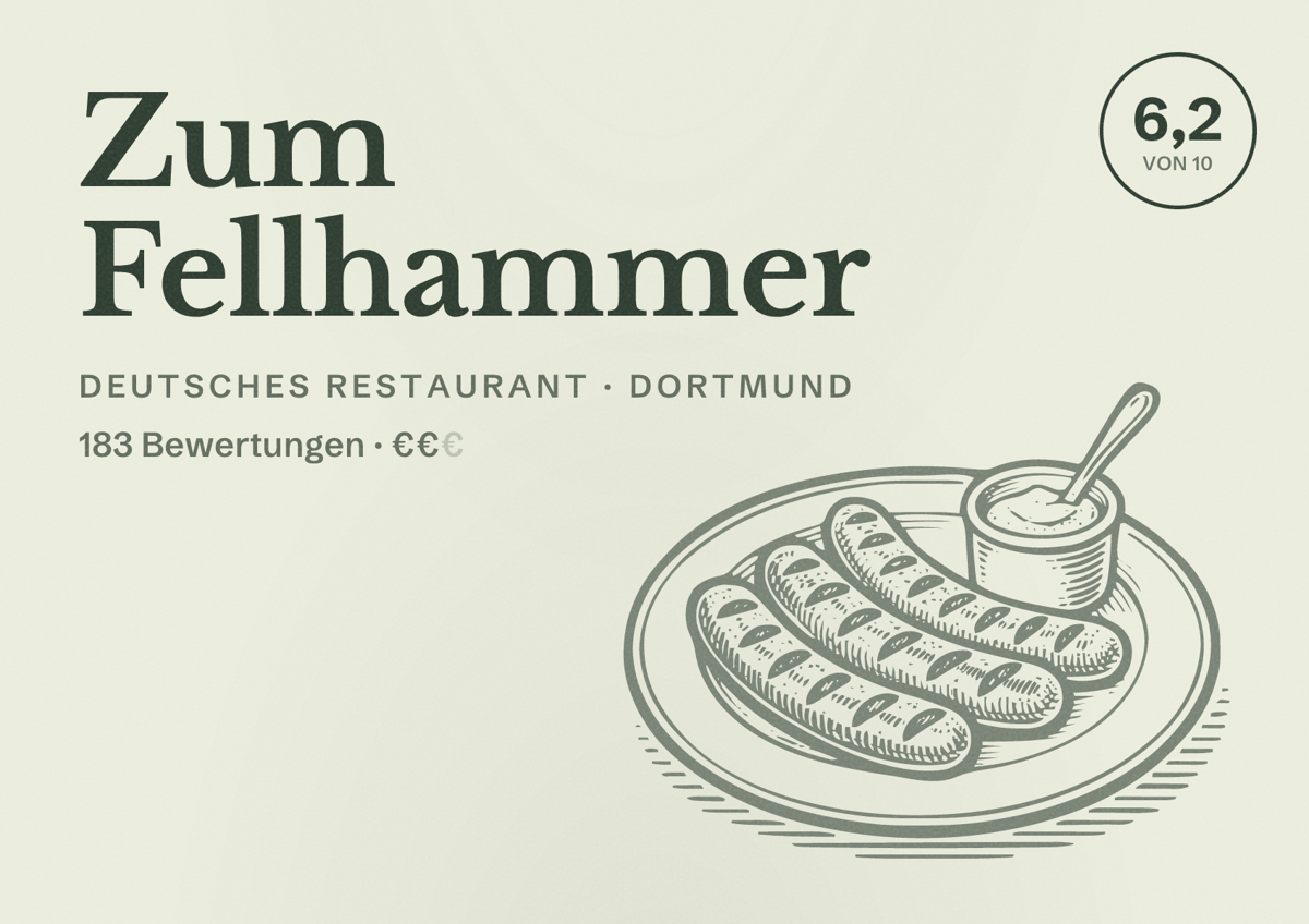 Illustriertes Poster von Zum Fellhammer, Deutsches Restaurant in Dortmund: Bewertung 6,2 von 10 aus 183 Bewertungen, Preisniveau €€