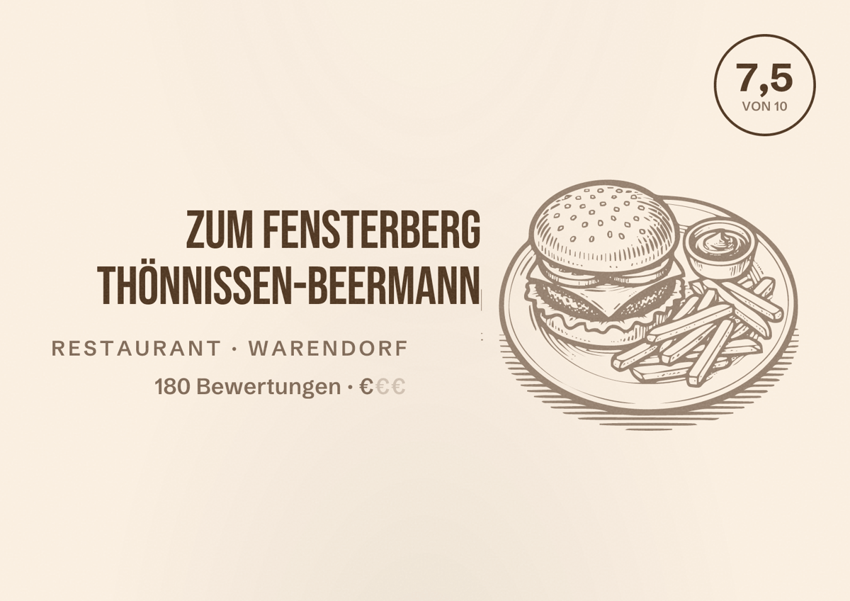 Illustriertes Poster von Zum Fensterberg Thönnissen-Beermann, Restaurant in Warendorf: Bewertung 7,5 von 10 aus 180 Bewertungen, Preisniveau €