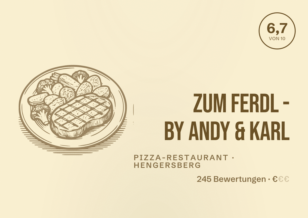 Illustriertes Poster von Zum Ferdl - by Andy & Karl, Pizza-Restaurant in Hengersberg: Bewertung 6,7 von 10 aus 245 Bewertungen, Preisniveau €