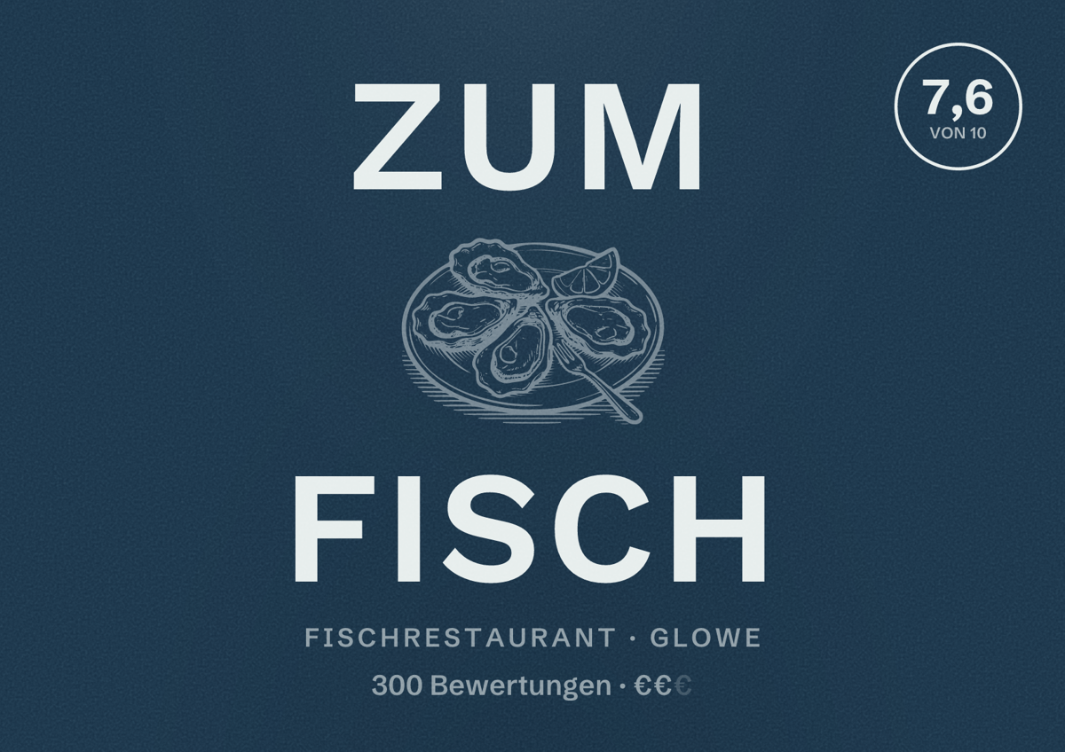 Illustriertes Poster von Zum Fisch, Fischrestaurant in Glowe: Bewertung 7,6 von 10 aus 300 Bewertungen, Preisniveau €€