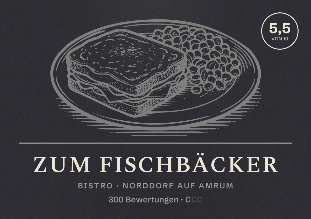 Illustriertes Poster von Zum Fischbäcker, Bistro in Norddorf auf Amrum: Bewertung 5,5 von 10 aus 300 Bewertungen, Preisniveau €