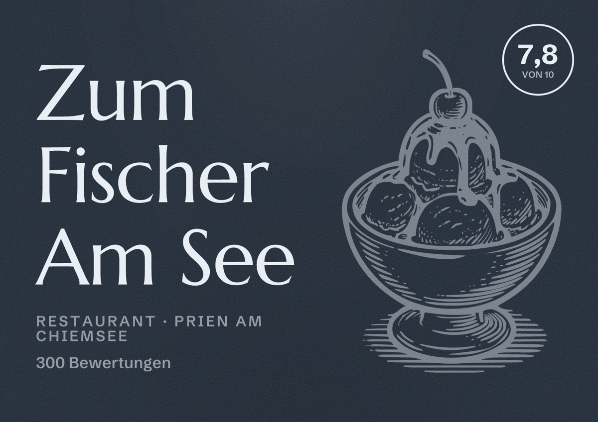 Illustriertes Poster von Zum Fischer Am See, Restaurant in Prien am Chiemsee: Bewertung 7,8 von 10 aus 300 Bewertungen