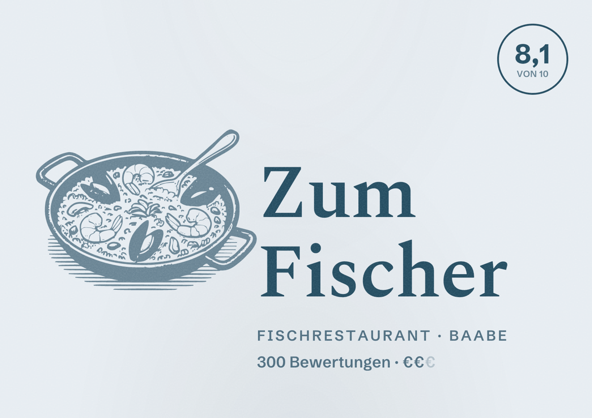 Illustriertes Poster von Zum Fischer, Fischrestaurant in Baabe: Bewertung 8,1 von 10 aus 300 Bewertungen, Preisniveau €€