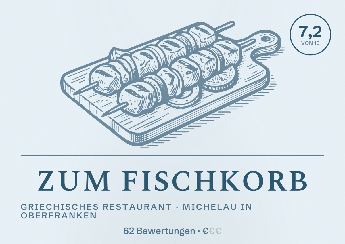 Illustriertes Poster von Zum Fischkorb, Griechisches Restaurant in Michelau in Oberfranken: Bewertung 7,2 von 10 aus 62 Bewertungen, Preisniveau €