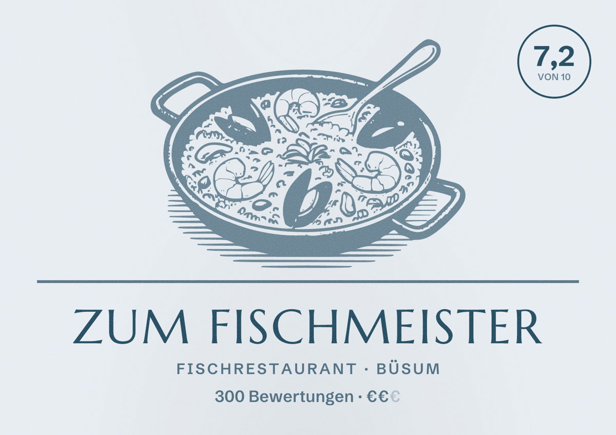 Illustriertes Poster von Zum Fischmeister, Fischrestaurant in Büsum: Bewertung 7,2 von 10 aus 300 Bewertungen, Preisniveau €€