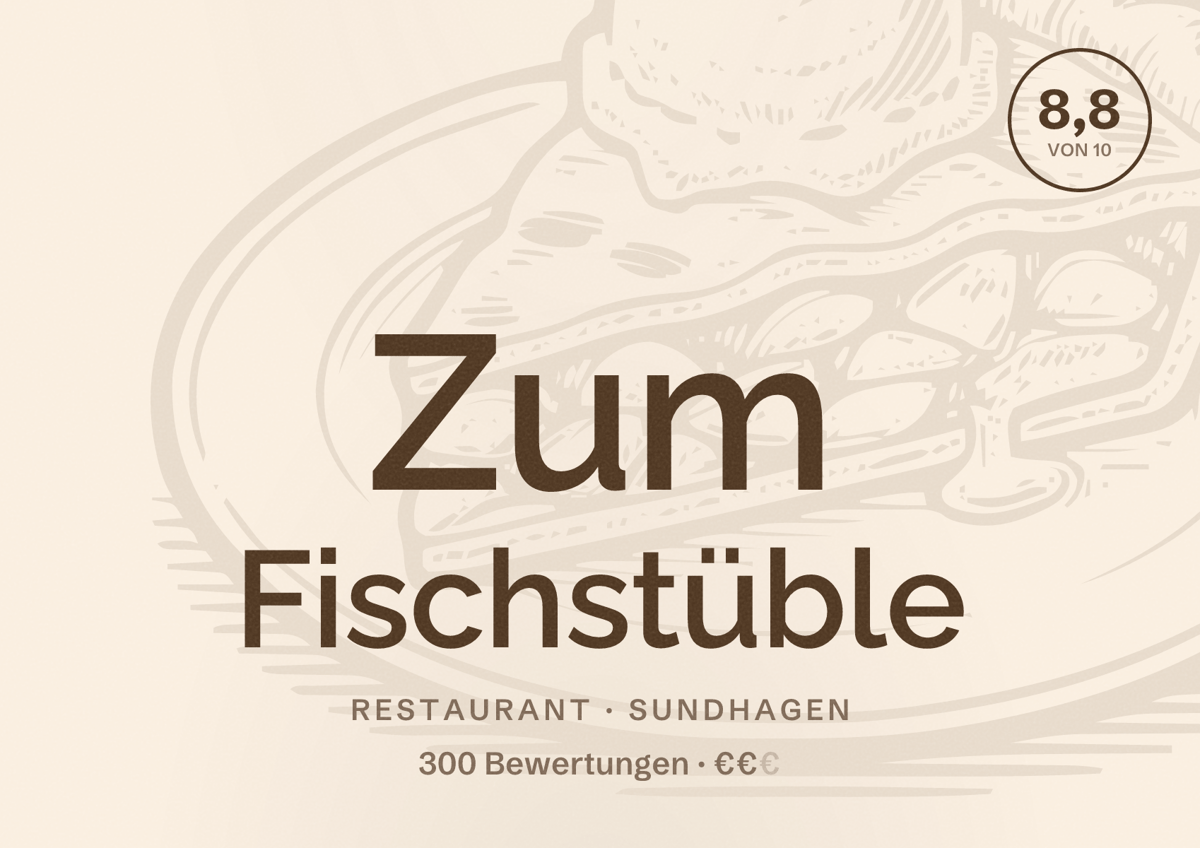 Illustriertes Poster von Zum Fischstüble, Restaurant in Sundhagen: Bewertung 8,8 von 10 aus 300 Bewertungen, Preisniveau €€