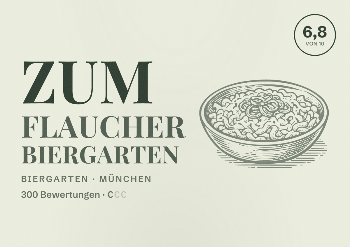 Illustriertes Poster von Zum Flaucher Biergarten, Biergarten in München: Bewertung 6,8 von 10 aus 300 Bewertungen, Preisniveau €