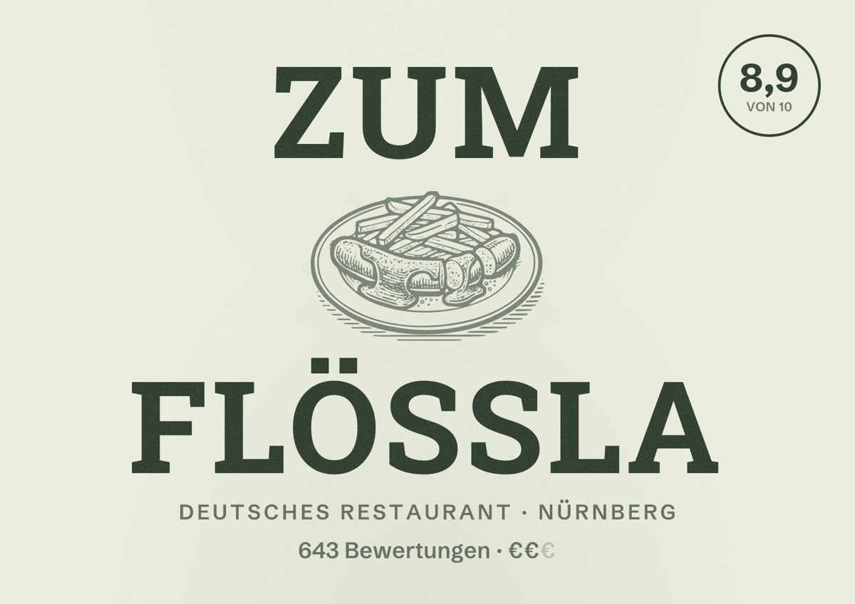 Illustriertes Poster von Zum Flößla, Deutsches Restaurant in Nürnberg: Bewertung 8,9 von 10 aus 643 Bewertungen, Preisniveau €€