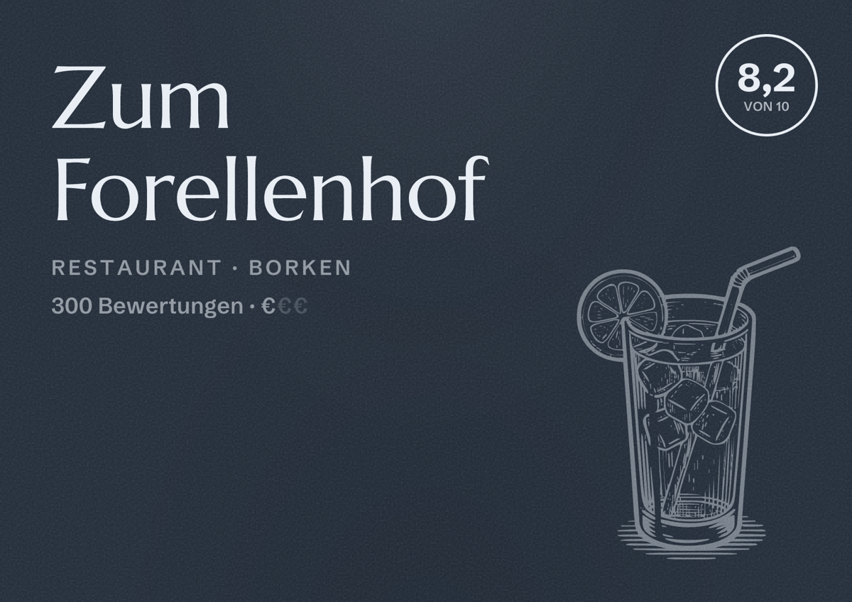 Illustriertes Poster von Zum Forellenhof, Restaurant in Borken: Bewertung 8,2 von 10 aus 300 Bewertungen, Preisniveau €