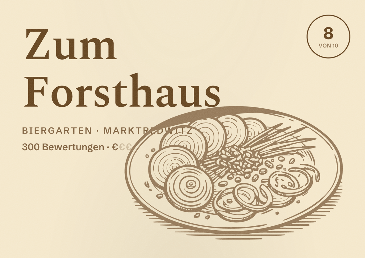 Illustriertes Poster von Zum Forsthaus, Biergarten in Marktredwitz: Bewertung 8 von 10 aus 300 Bewertungen, Preisniveau €