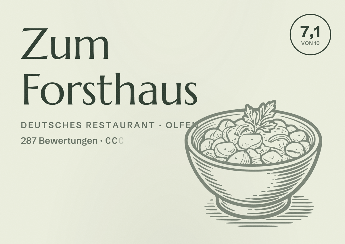 Illustriertes Poster von Zum Forsthaus, Deutsches Restaurant in Olfen: Bewertung 7,1 von 10 aus 287 Bewertungen, Preisniveau €€