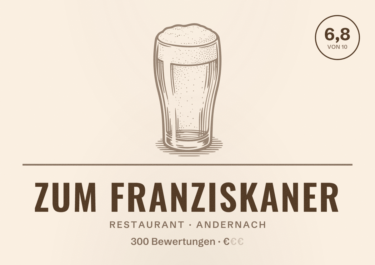 Illustriertes Poster von Zum Franziskaner, Restaurant in Andernach: Bewertung 6,8 von 10 aus 300 Bewertungen, Preisniveau €