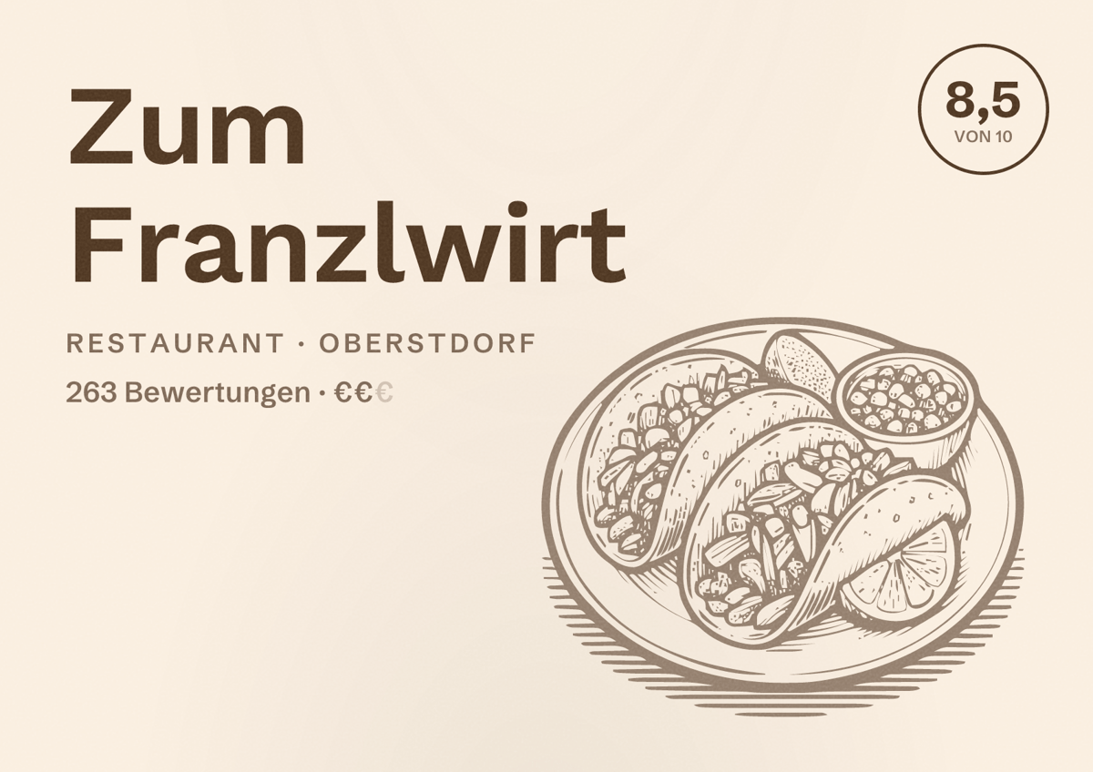 Illustriertes Poster von Zum Franzlwirt, Restaurant in Oberstdorf: Bewertung 8,5 von 10 aus 263 Bewertungen, Preisniveau €€