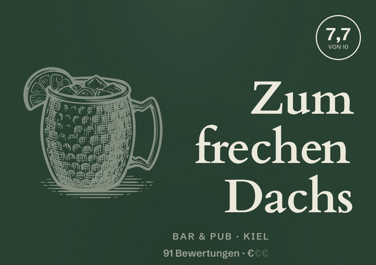 Illustriertes Poster von Zum frechen Dachs, Bar & Pub in Kiel: Bewertung 7,7 von 10 aus 91 Bewertungen, Preisniveau €
