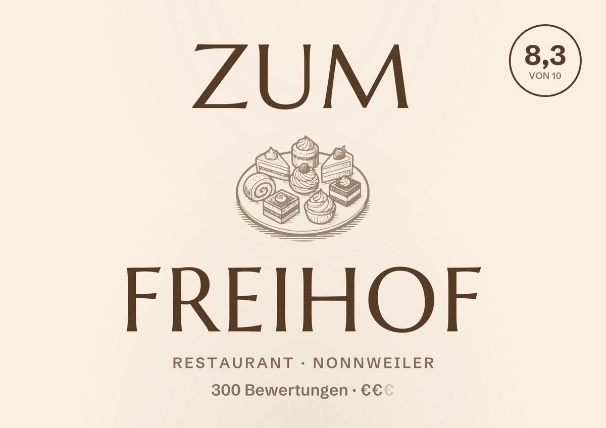 Illustriertes Poster von Zum Freihof, Restaurant in Nonnweiler: Bewertung 8,3 von 10 aus 300 Bewertungen, Preisniveau €€