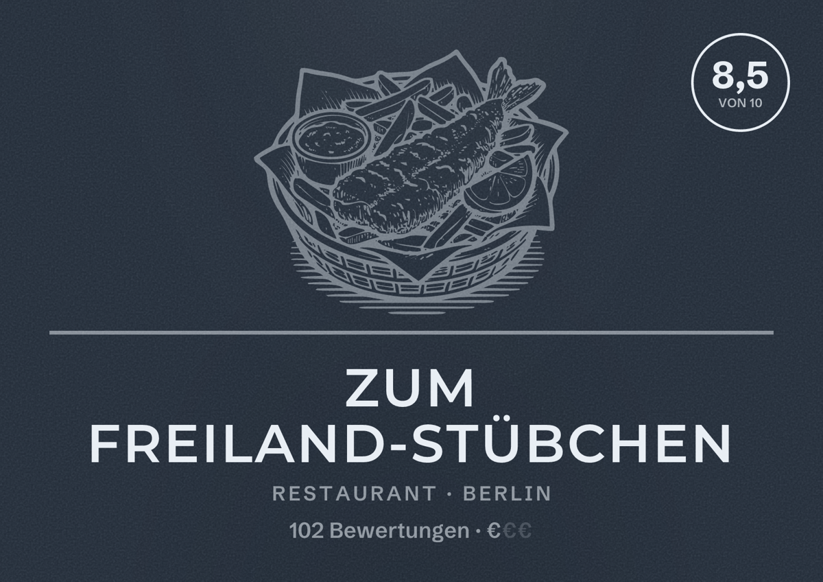 Illustriertes Poster von Zum Freiland-Stübchen, Restaurant in Berlin: Bewertung 8,5 von 10 aus 102 Bewertungen, Preisniveau €