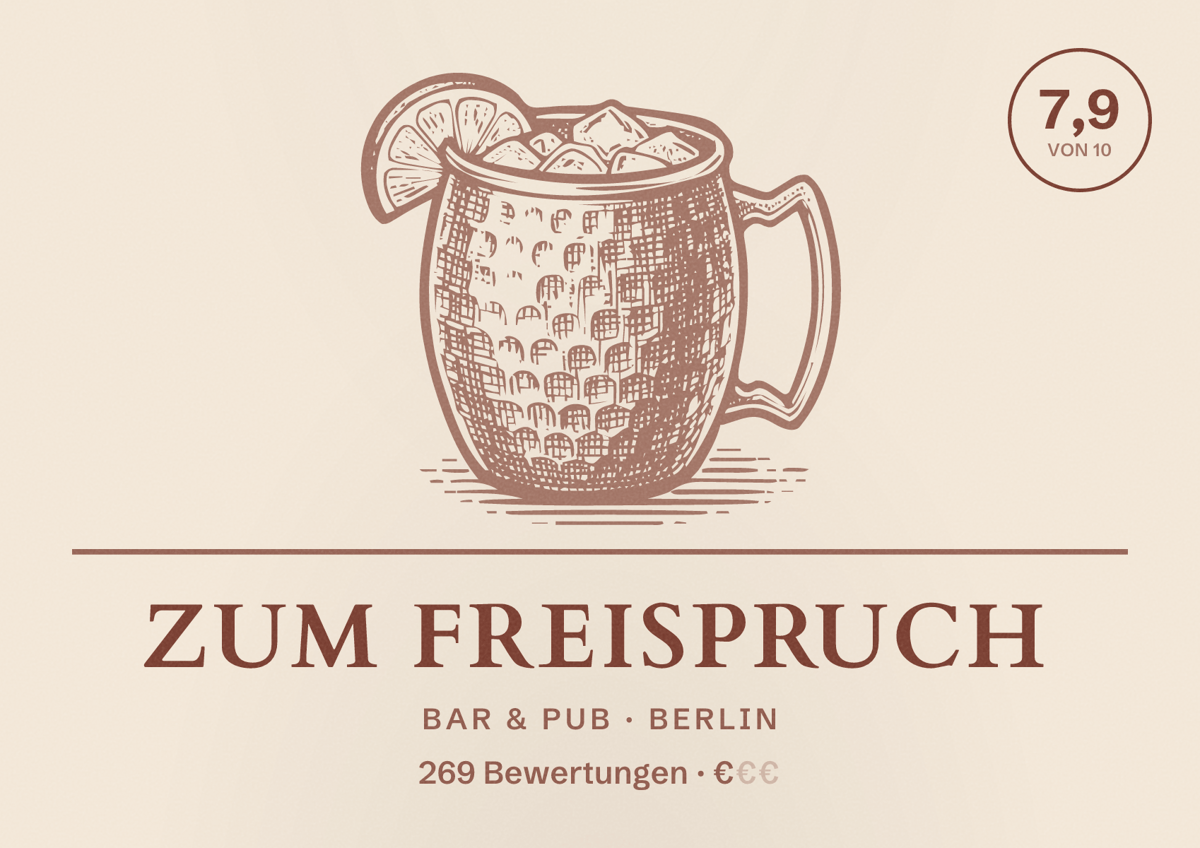 Illustriertes Poster von Zum Freispruch, Bar & Pub in Berlin: Bewertung 7,9 von 10 aus 269 Bewertungen, Preisniveau €
