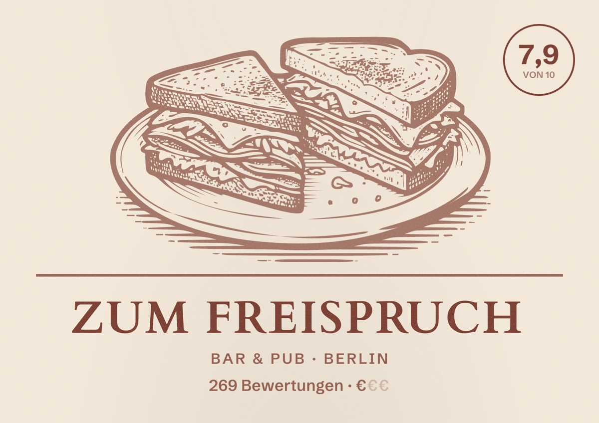 Illustriertes Poster von Zum Freispruch, Bar & Pub in Berlin: Bewertung 7,9 von 10 aus 269 Bewertungen, Preisniveau €