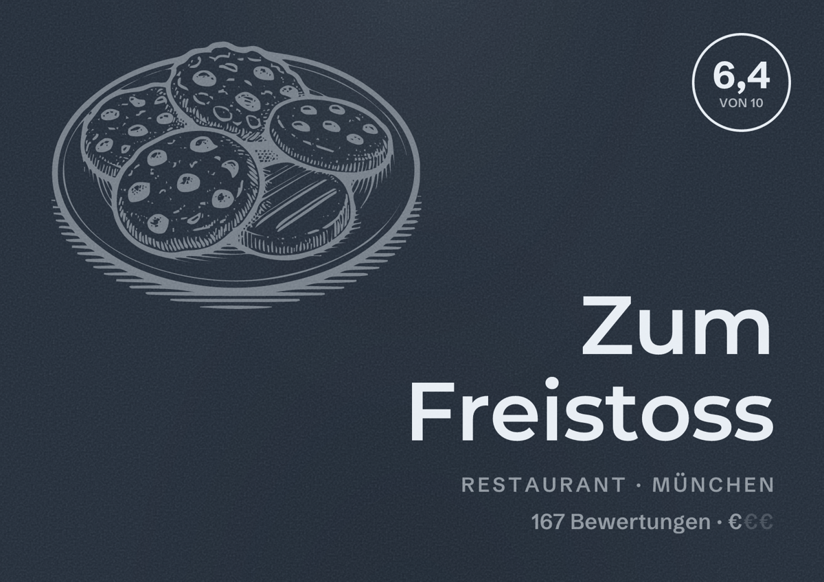 Illustriertes Poster von Zum Freistoss, Restaurant in München: Bewertung 6,4 von 10 aus 167 Bewertungen, Preisniveau €
