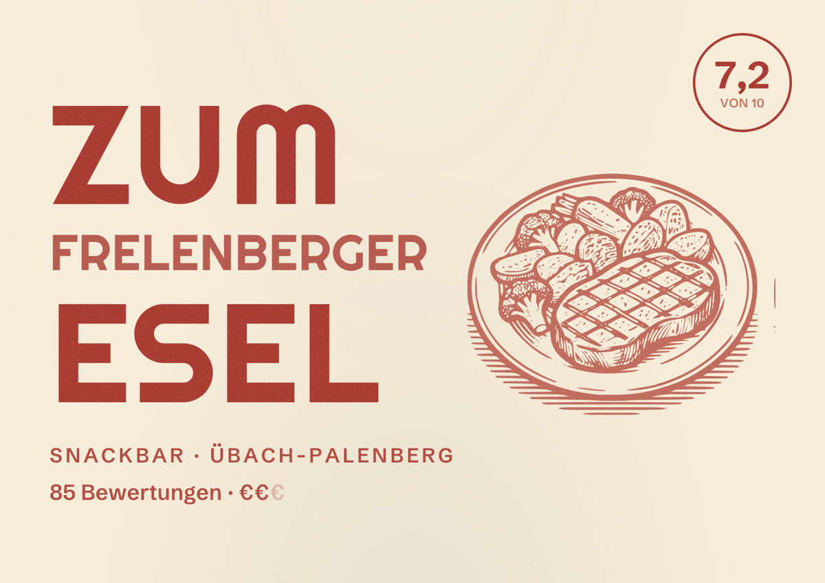 Illustriertes Poster von Zum Frelenberger Esel, Snackbar in Übach-Palenberg: Bewertung 7,2 von 10 aus 85 Bewertungen, Preisniveau €€