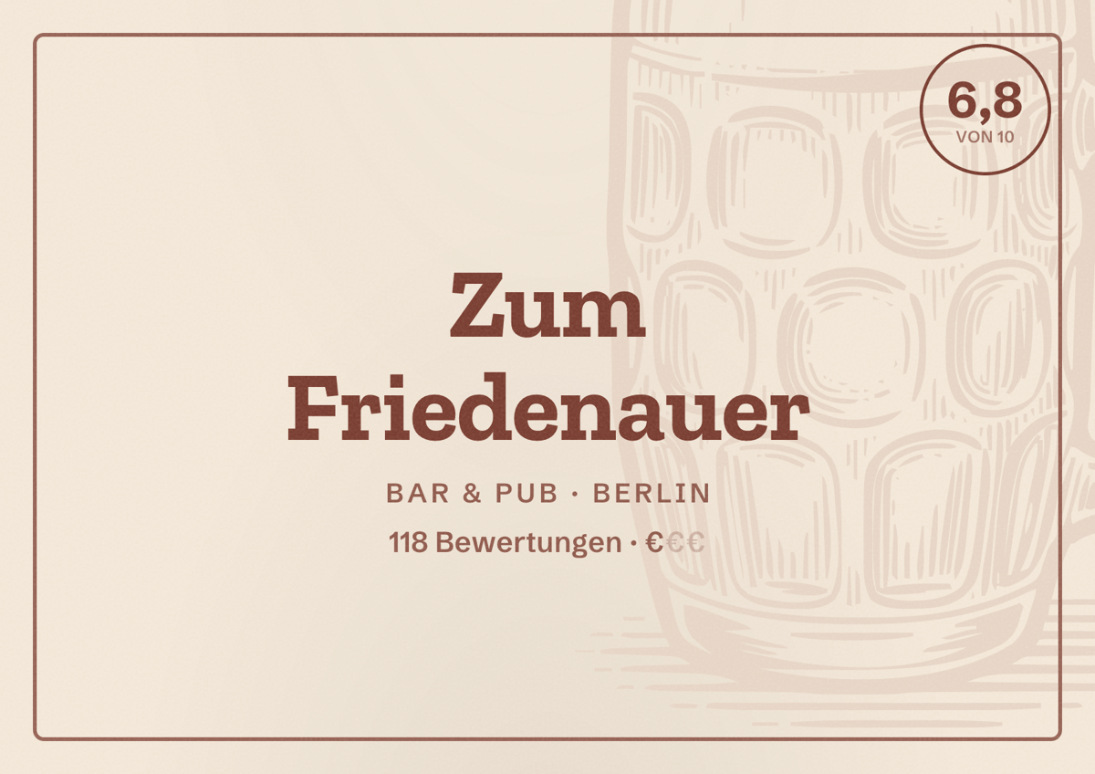 Illustriertes Poster von Zum Friedenauer, Bar & Pub in Berlin: Bewertung 6,8 von 10 aus 118 Bewertungen, Preisniveau €