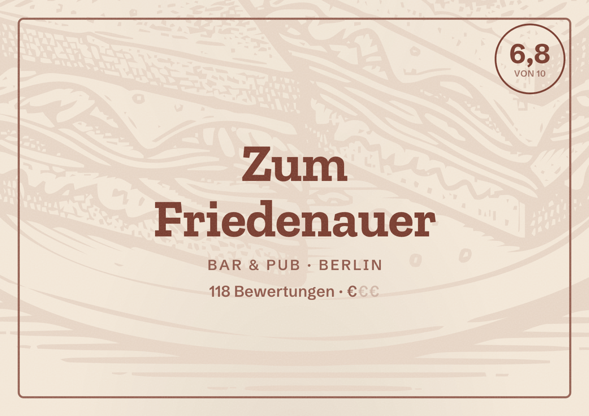 Illustriertes Poster von Zum Friedenauer, Bar & Pub in Berlin: Bewertung 6,8 von 10 aus 118 Bewertungen, Preisniveau €