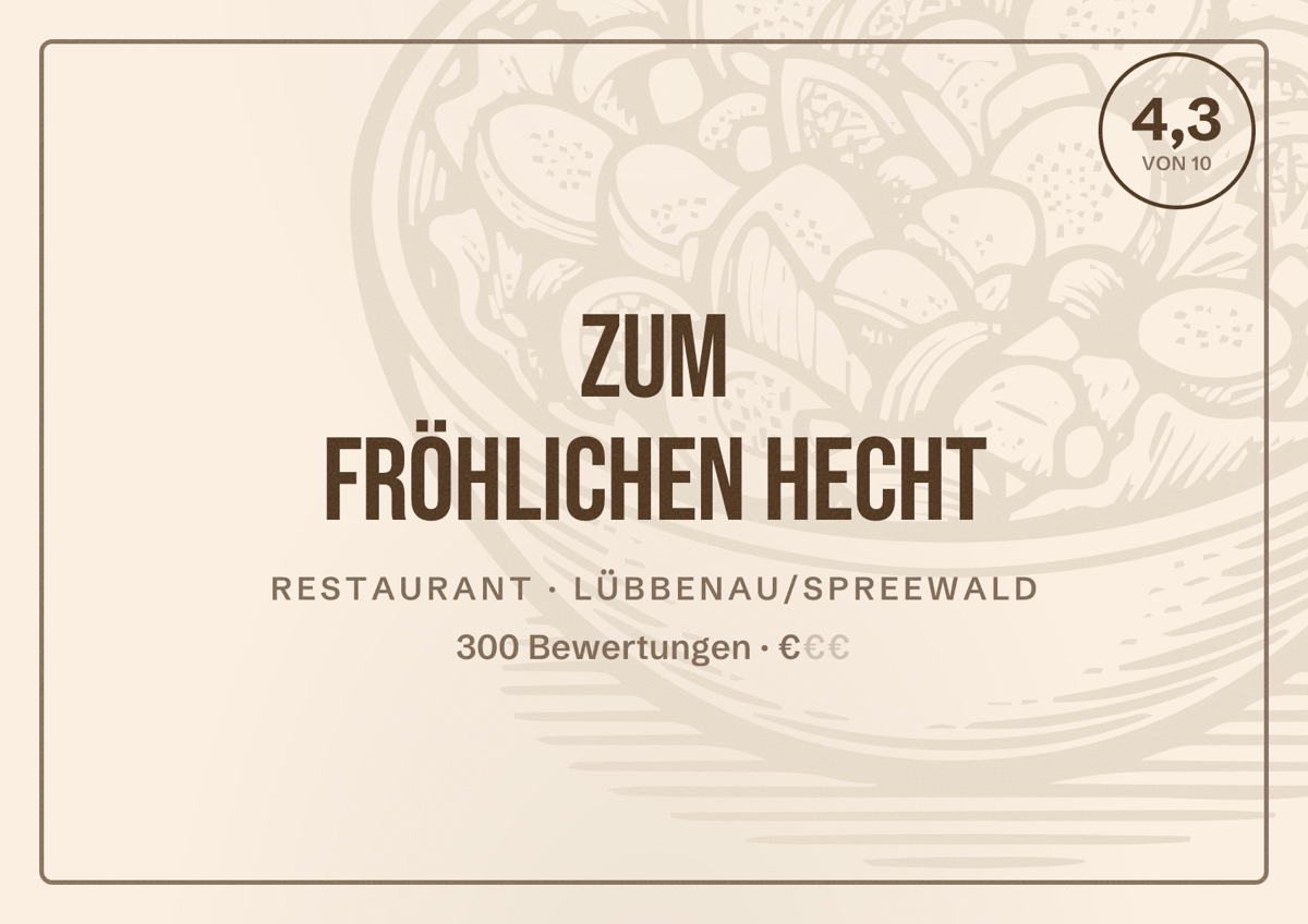 Illustriertes Poster von Zum fröhlichen Hecht, Restaurant in Lübbenau/Spreewald: Bewertung 4,3 von 10 aus 300 Bewertungen, Preisniveau €