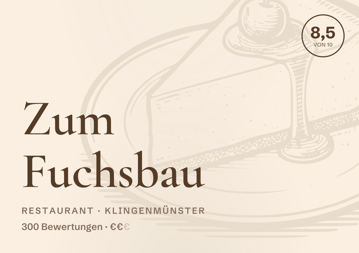 Illustriertes Poster von Zum Fuchsbau, Restaurant in Klingenmünster: Bewertung 8,5 von 10 aus 300 Bewertungen, Preisniveau €€