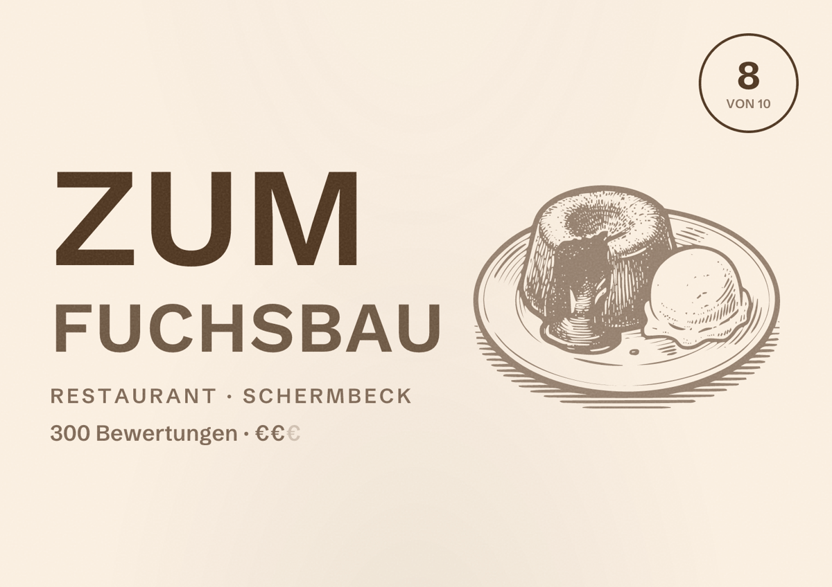 Illustriertes Poster von Zum Fuchsbau, Restaurant in Schermbeck: Bewertung 8 von 10 aus 300 Bewertungen, Preisniveau €€