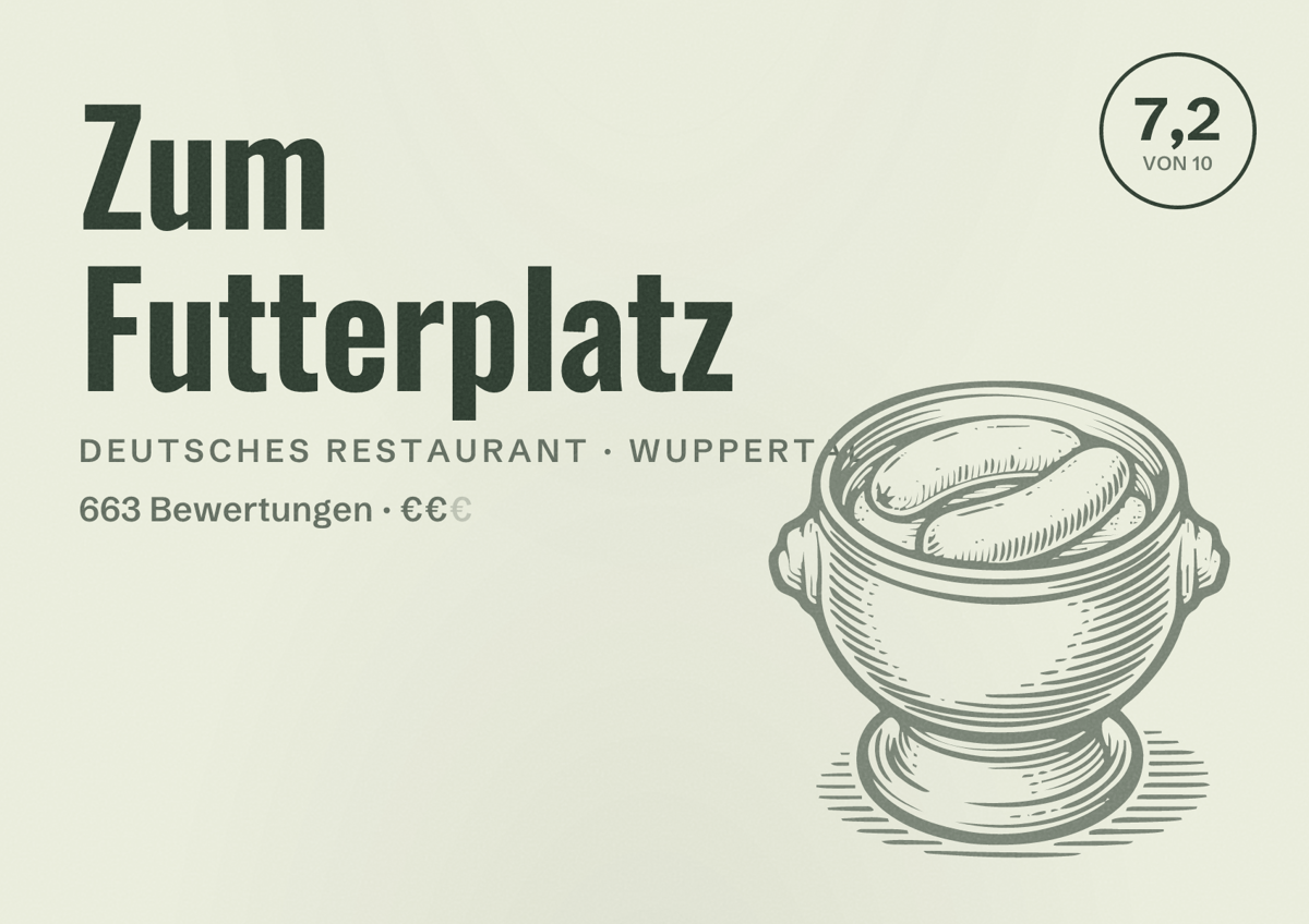 Illustriertes Poster von Zum Futterplatz, Deutsches Restaurant in Wuppertal: Bewertung 7,2 von 10 aus 663 Bewertungen, Preisniveau €€