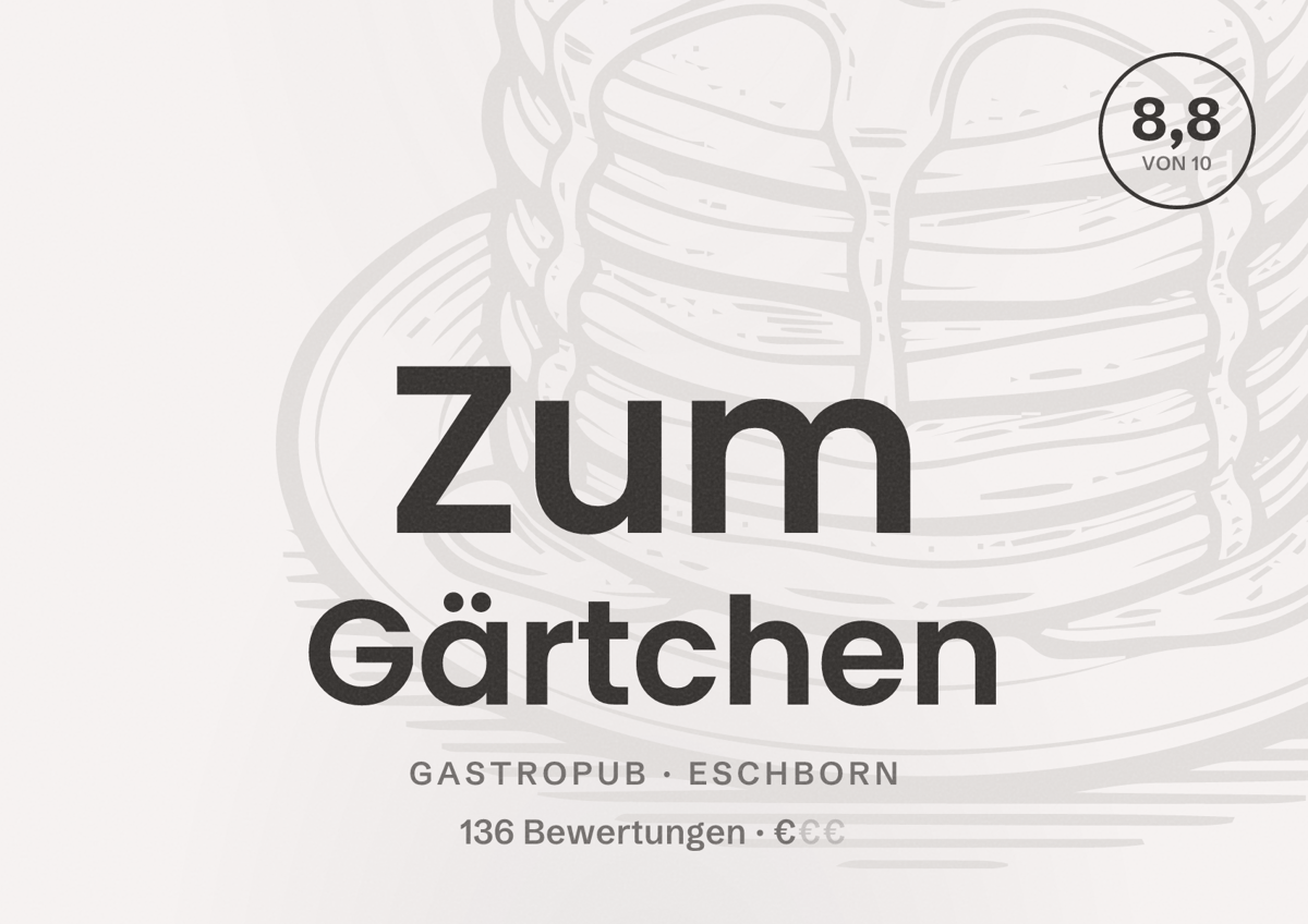 Illustriertes Poster von Zum Gärtchen, Gastropub in Eschborn: Bewertung 8,8 von 10 aus 136 Bewertungen, Preisniveau €