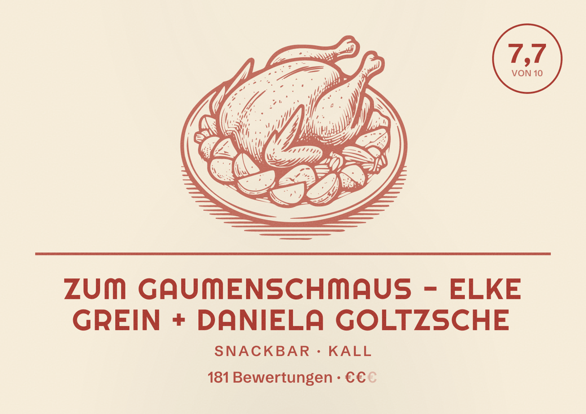 Illustriertes Poster von Zum Gaumenschmaus - Elke Grein + Daniela Goltzsche, Snackbar in Kall: Bewertung 7,7 von 10 aus 181 Bewertungen, Preisniveau €€