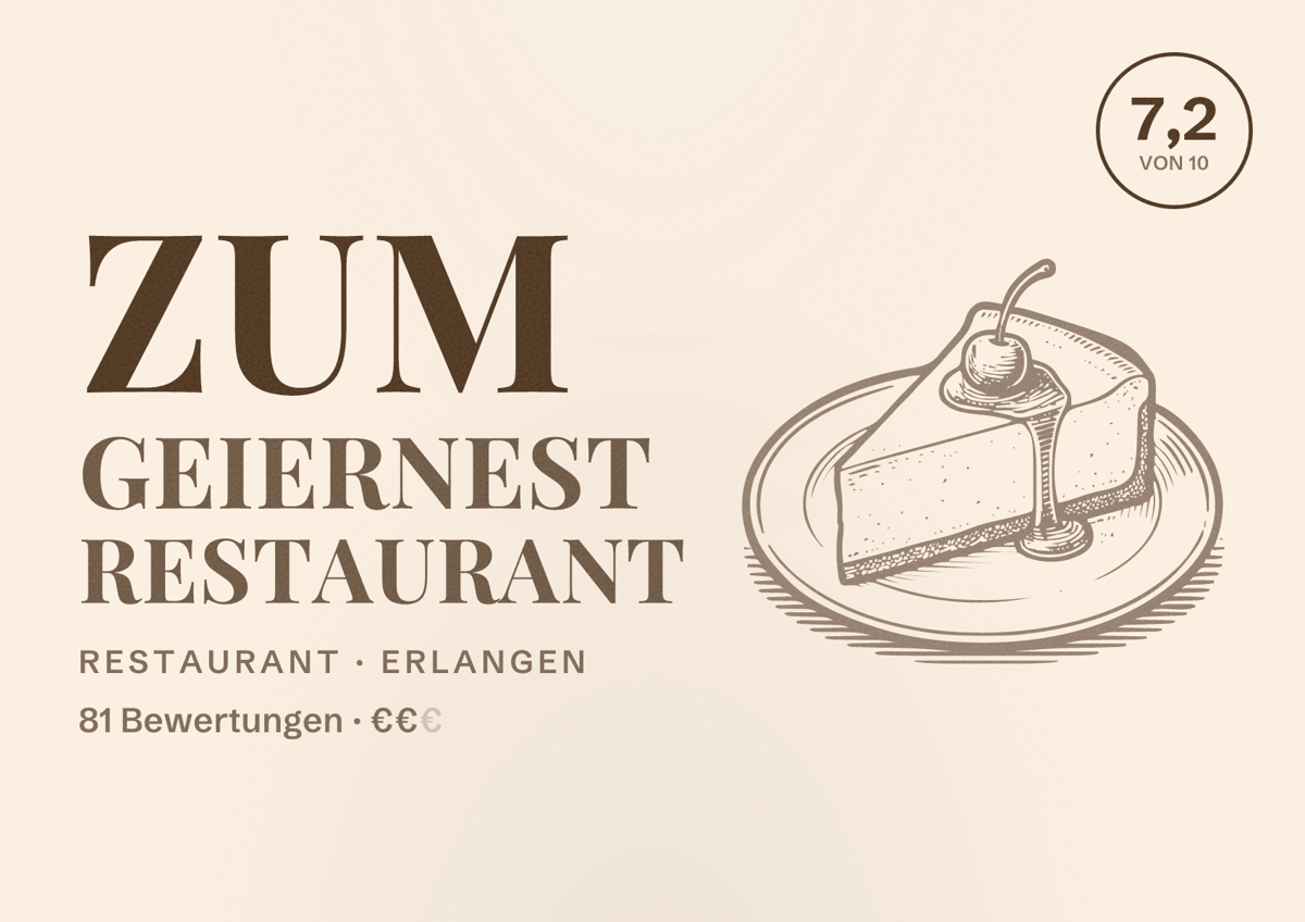 Illustriertes Poster von Zum Geiernest Restaurant, Restaurant in Erlangen: Bewertung 7,2 von 10 aus 81 Bewertungen, Preisniveau €€