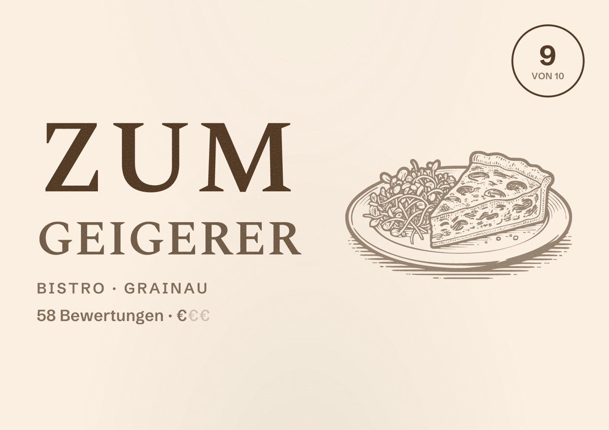 Illustriertes Poster von Zum Geigerer, Bistro in Grainau: Bewertung 9 von 10 aus 58 Bewertungen, Preisniveau €