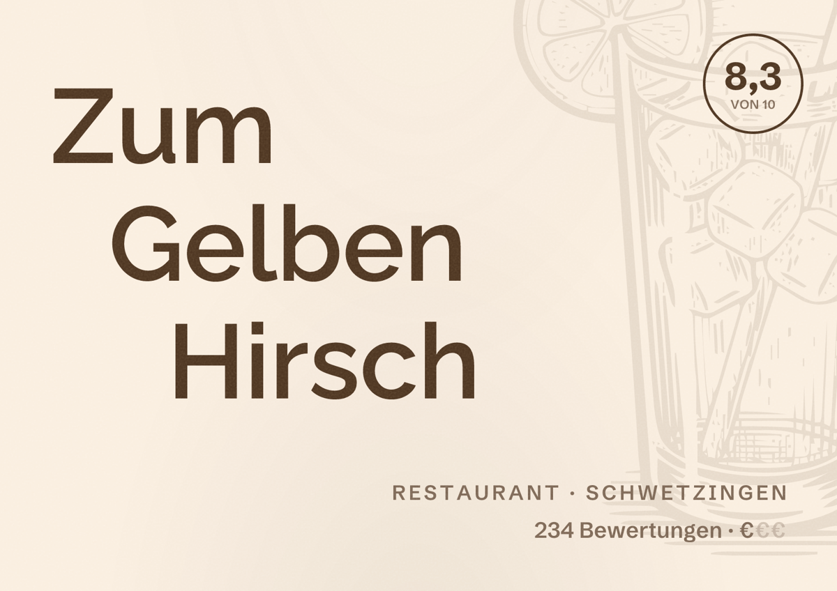 Illustriertes Poster von Zum Gelben Hirsch, Restaurant in Schwetzingen: Bewertung 8,3 von 10 aus 234 Bewertungen, Preisniveau €