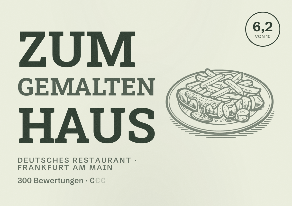 Illustriertes Poster von Zum Gemalten Haus, Deutsches Restaurant in Frankfurt am Main: Bewertung 6,2 von 10 aus 300 Bewertungen, Preisniveau €