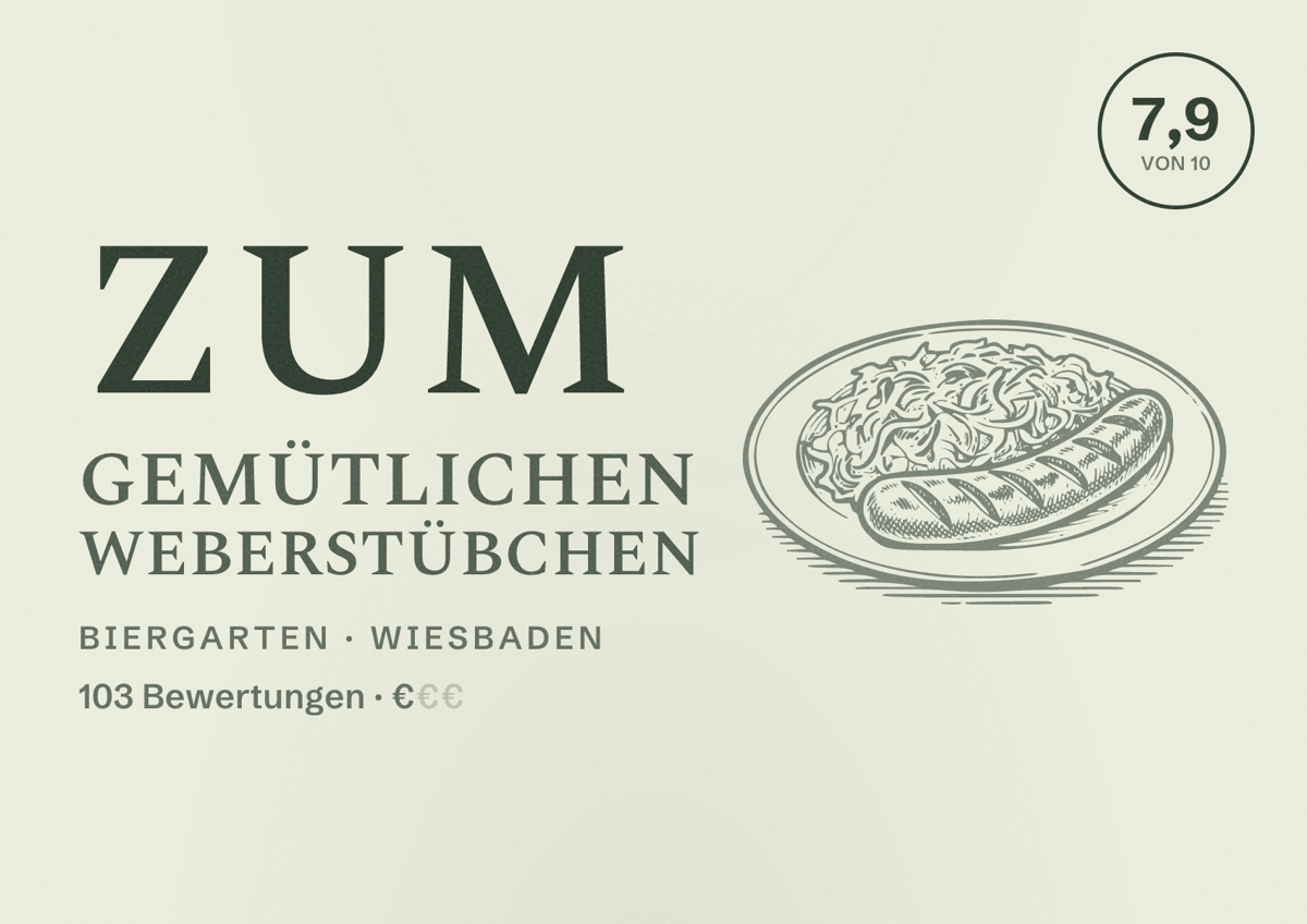 Illustriertes Poster von Zum gemütlichen Weberstübchen, Biergarten in Wiesbaden: Bewertung 7,9 von 10 aus 103 Bewertungen, Preisniveau €